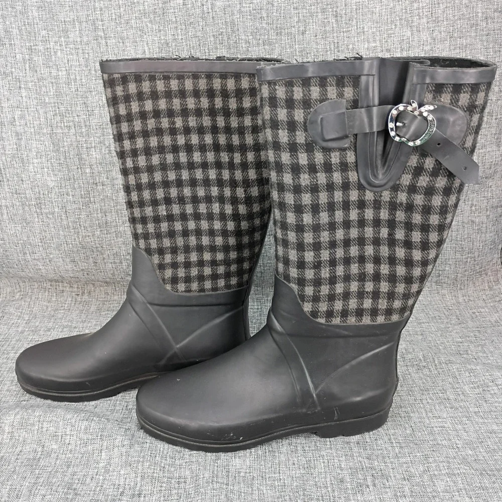 Apple Bottoms Womens 8 Plaid Rain Boots Black Gray Rhinestone Buckle Y2K Rubber